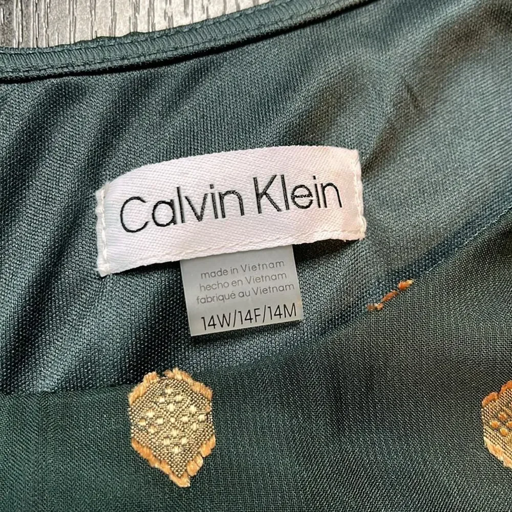 Calvin Klein Green Shift Dress with Bishop Sleeves and gold threaded design